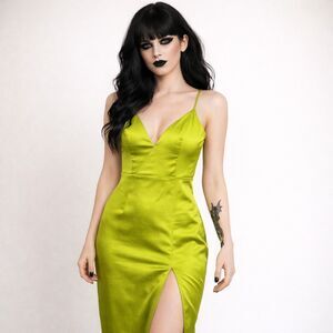 Forever 21 full length gown dress with slit neon green satin silk size XS